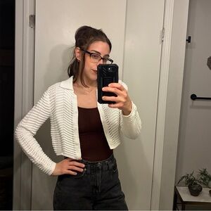 Cotton On White Cropped Pointelle Knit Button Cardigan